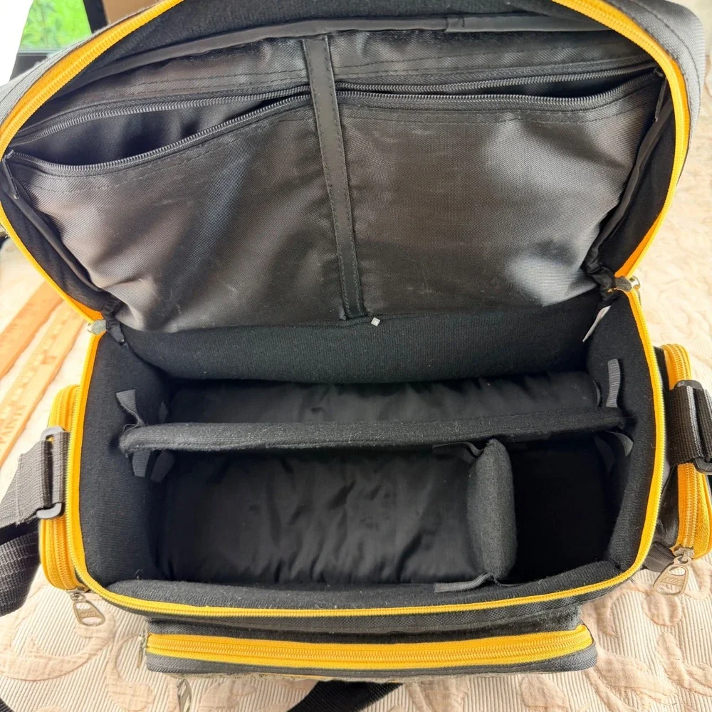 MIA Camera Shoulder Bag Black Yellow Canvas Padded Dividers Multi Pocket Bag